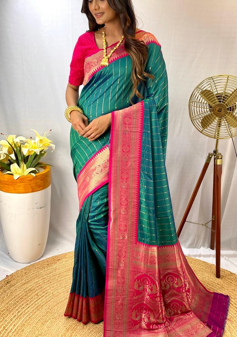 Rama Blue Solid Paithani Silk Saree Set