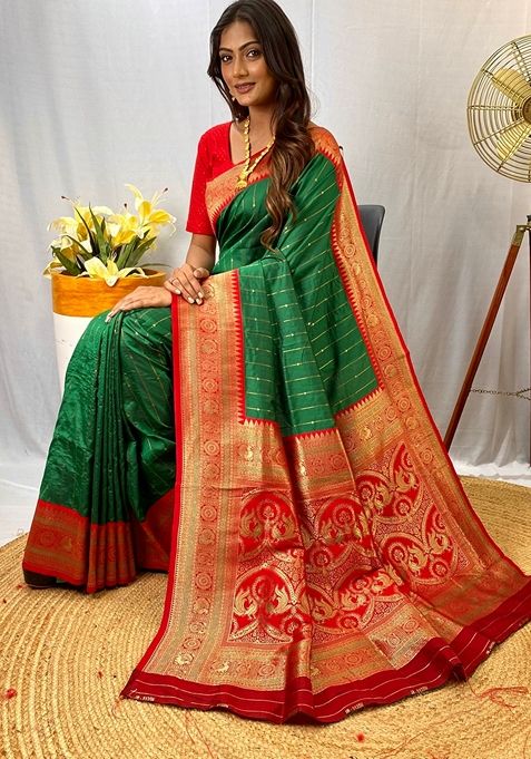 Bottle Green Solid Paithani Silk Saree Set