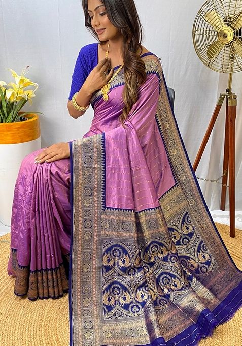 Lavender Solid Paithani Silk Saree Set