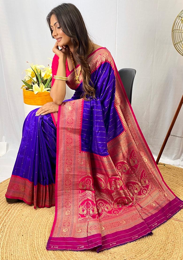 Violet Solid Paithani Silk Saree Set