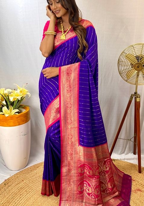 Violet Solid Paithani Silk Saree Set