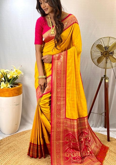 Yellow Solid Paithani Silk Saree Set