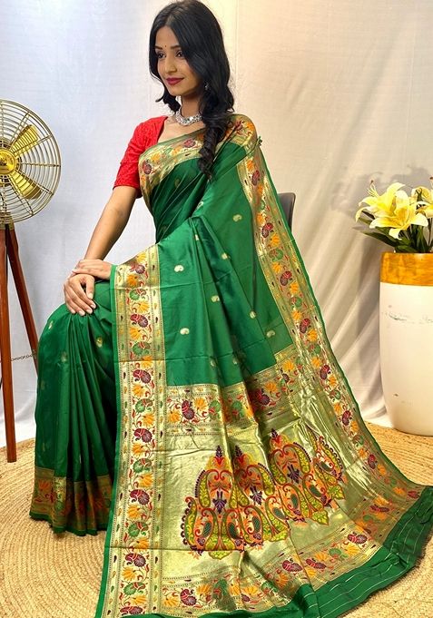 Green Solid Paithani Silk Saree Set