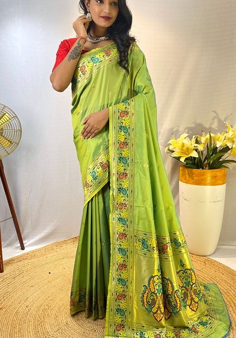 Pista Green Solid Paithani Silk Saree Set