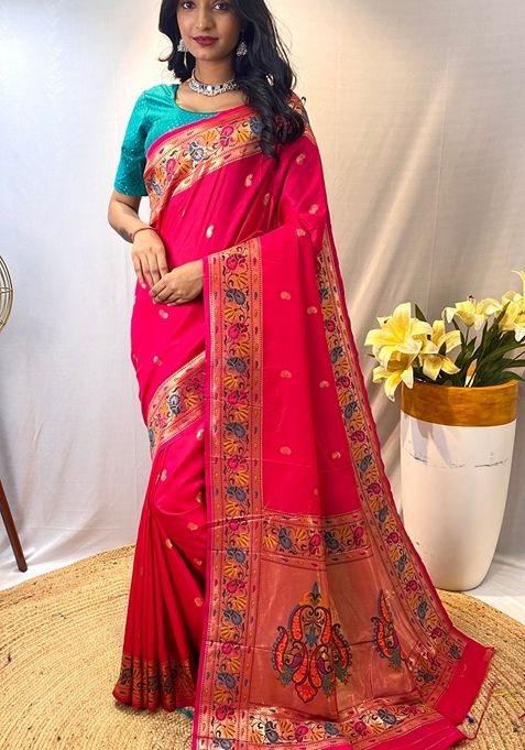 Pink Solid Paithani Silk Saree Set