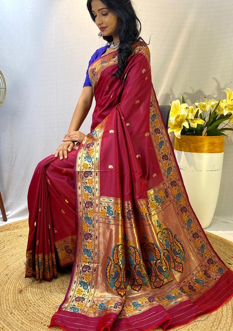 Wine Solid Paithani Silk Saree Set