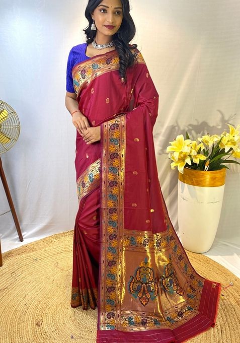 Wine Solid Paithani Silk Saree Set