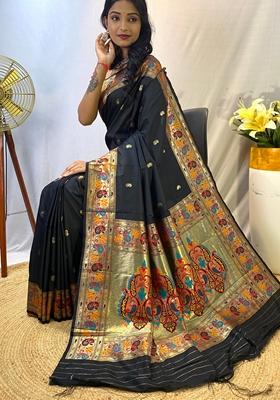 Black Solid Paithani Silk Saree Set