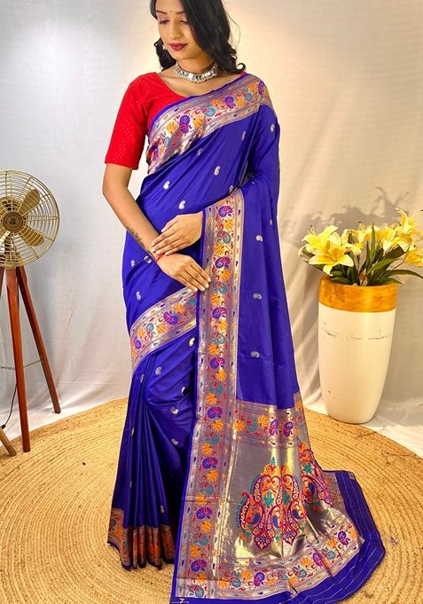 Violet Solid Paithani Silk Saree Set