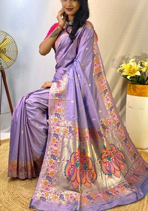 Lavender Solid Paithani Silk Saree Set