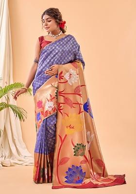 Violet Solid Paithani Silk Saree Set