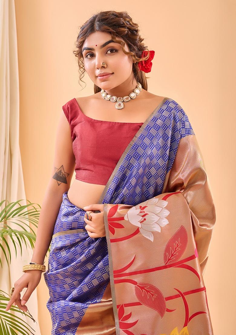 Violet Solid Paithani Silk Saree Set