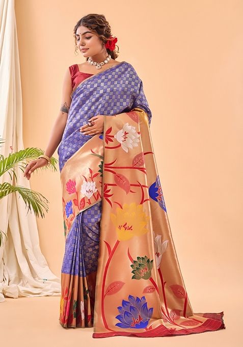 Violet Solid Paithani Silk Saree Set