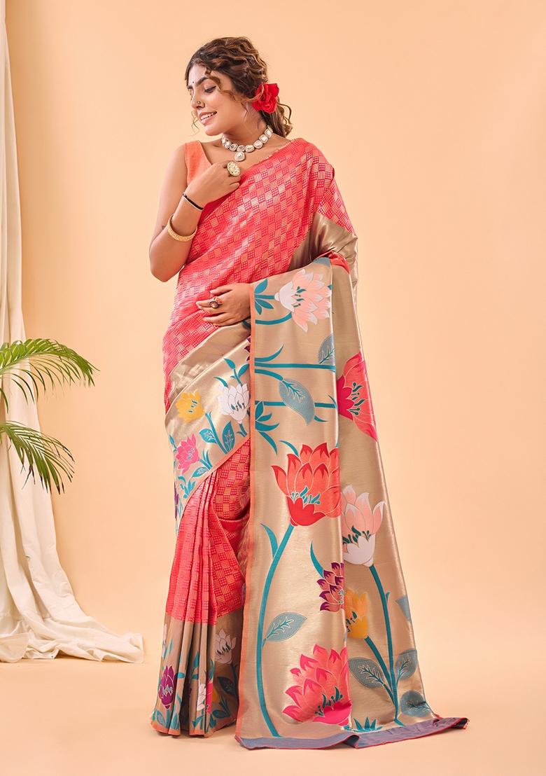 Pink Solid Paithani Silk Saree Set