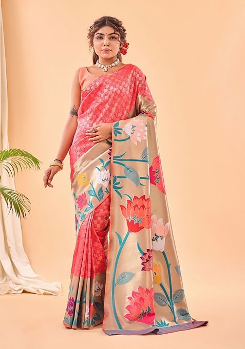 Pink Solid Paithani Silk Saree Set