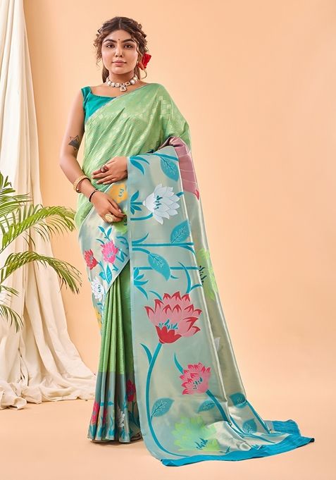 Pista Green Solid Paithani Silk Saree Set