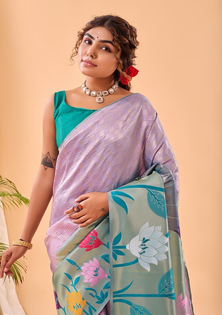 Lavender Solid Paithani Silk Saree Set