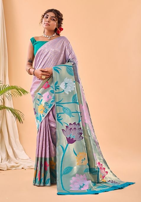 Lavender Solid Paithani Silk Saree Set