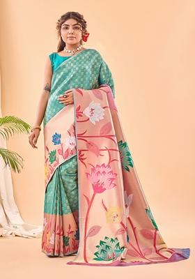 Rama Blue Solid Paithani Silk Saree Set