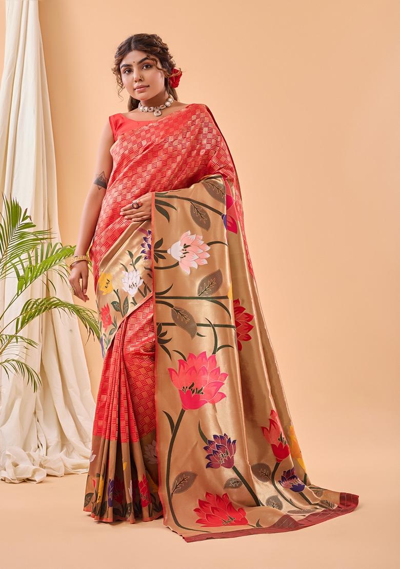 Red Solid Paithani Silk Saree Set