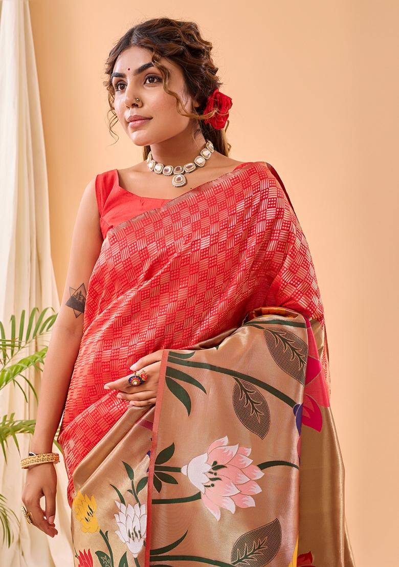 Red Solid Paithani Silk Saree Set