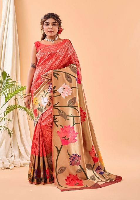 Red Solid Paithani Silk Saree Set