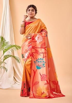 Yellow Solid Paithani Silk Saree Set