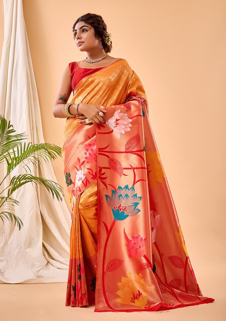 Yellow Solid Paithani Silk Saree Set