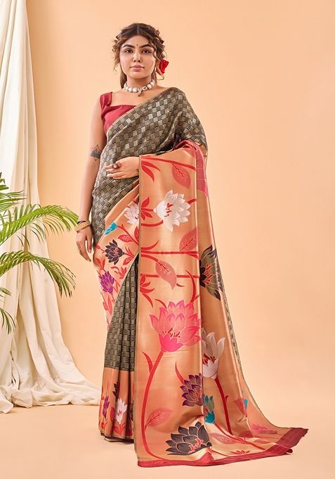 Black Solid Paithani Silk Saree Set