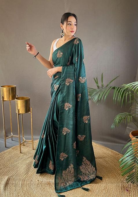 Green Embroidered Silk Blend Saree With Unstitched Blouse Piece main image 1