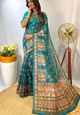 Sky Blue Digital Print Cotton Saree Set