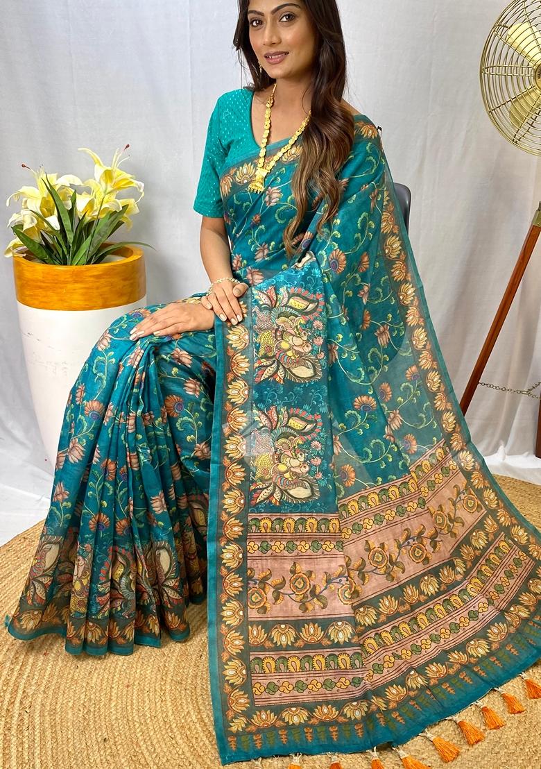 Sky Blue Digital Print Cotton Saree Set