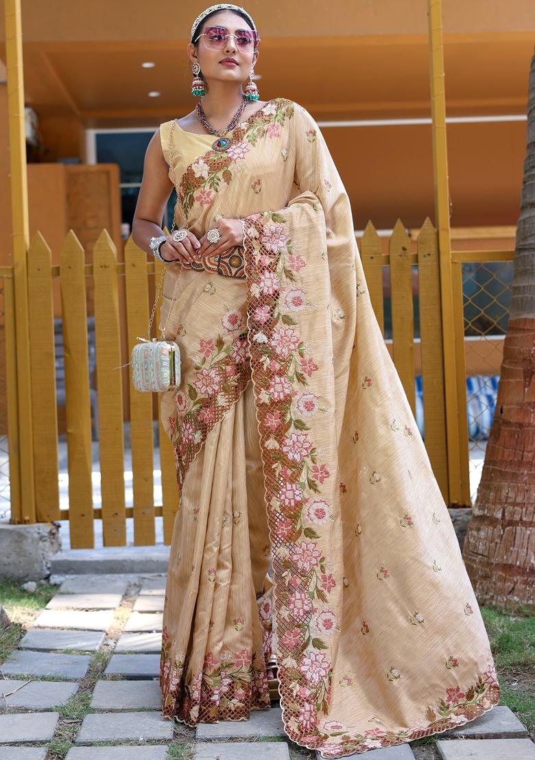 Cream Embroidered Tussar Silk Saree Set