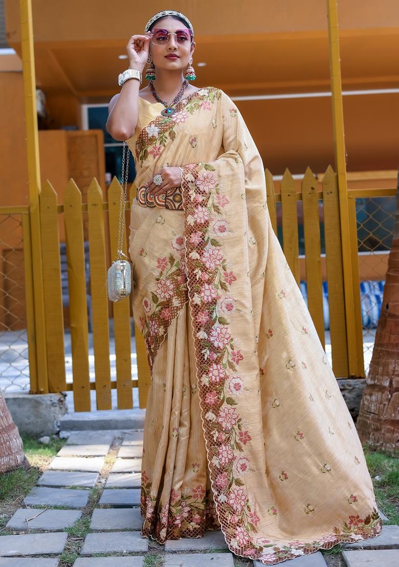 Cream Embroidered Tussar Silk Saree Set