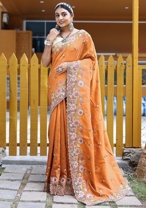 Orange Embroidered Tussar Silk Saree Set