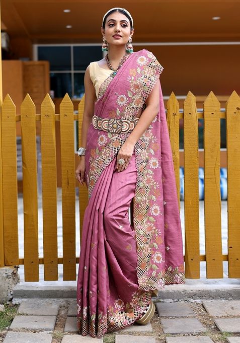 Lavender Embroidered Tussar Silk Saree Set