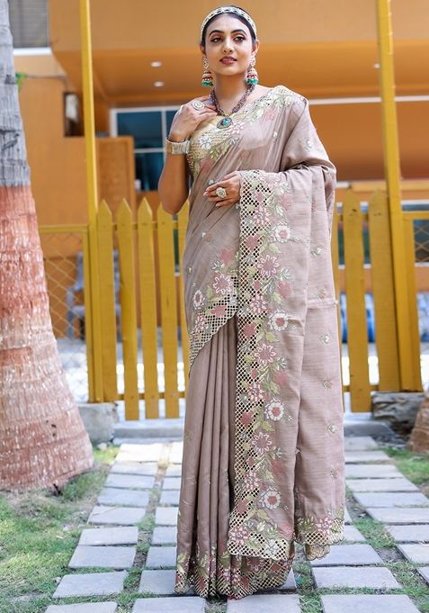 Brown Embroidered Tussar Silk Saree Set