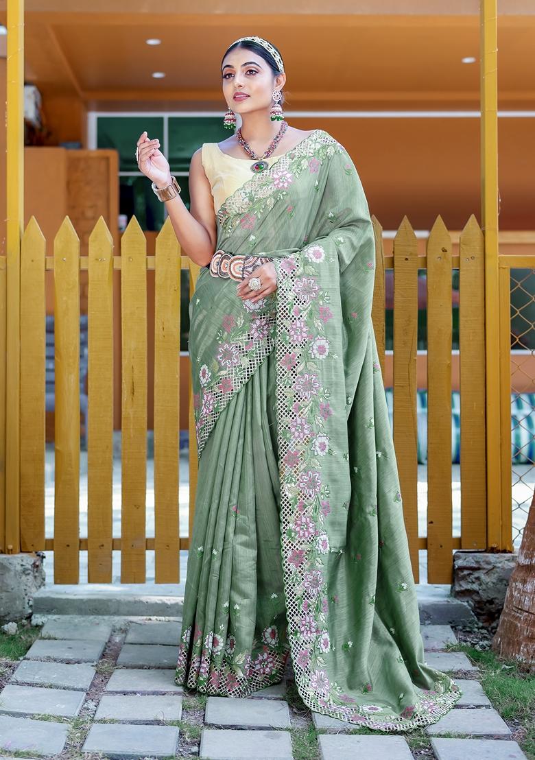Green Embroidered Tussar Silk Saree Set