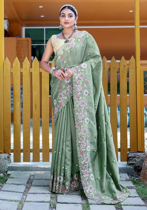 Green Embroidered Tussar Silk Saree Set