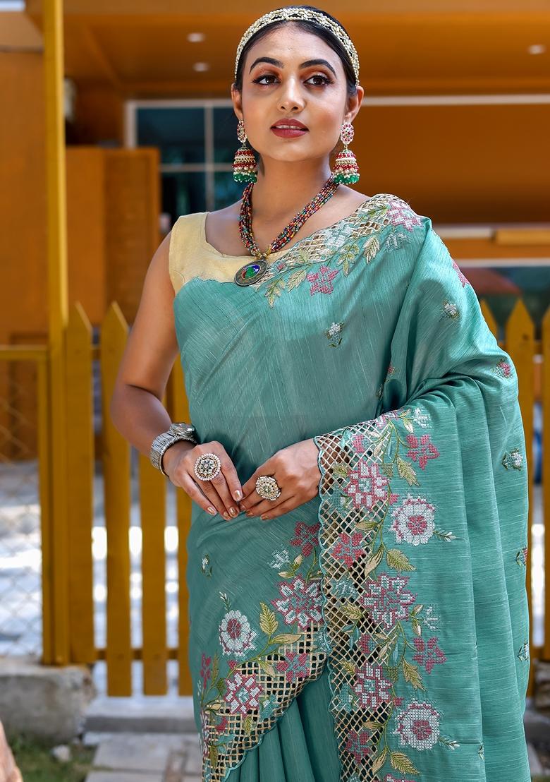 Sky Blue Embroidered Tussar Silk Saree Set