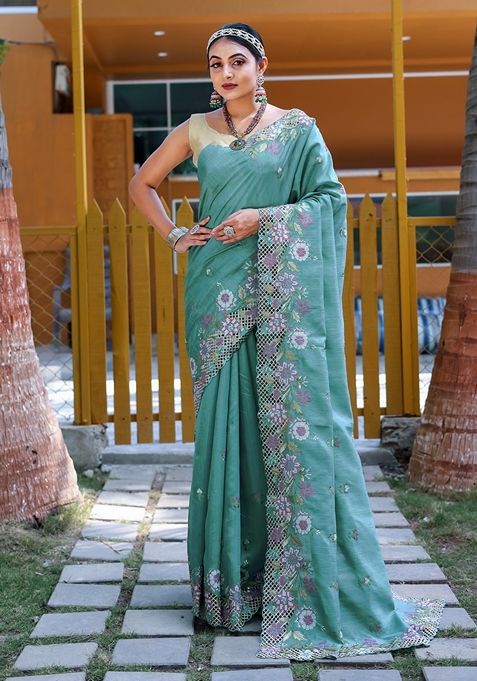 Sky Blue Embroidered Tussar Silk Saree Set