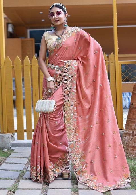 Pink Embroidered Tussar Silk Saree Set