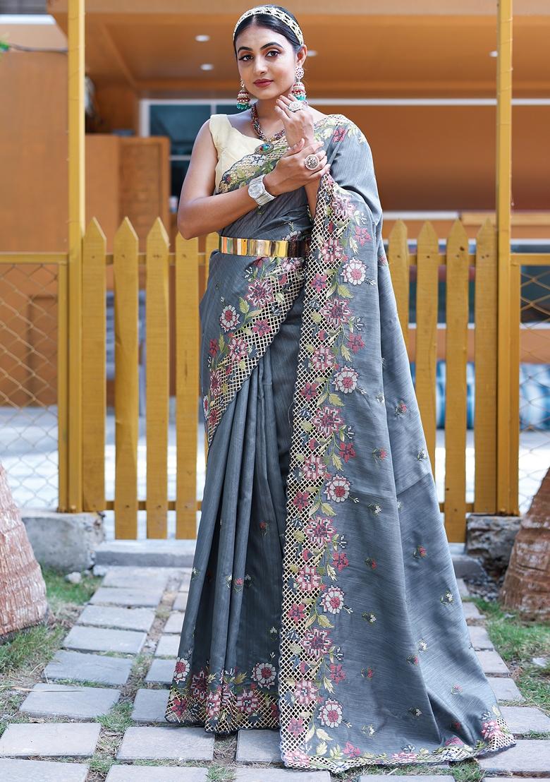 Grey Embroidered Tussar Silk Saree Set