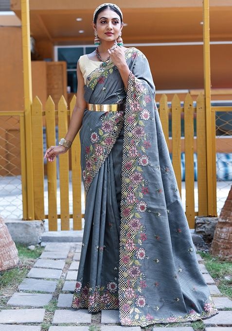 Grey Embroidered Tussar Silk Saree Set