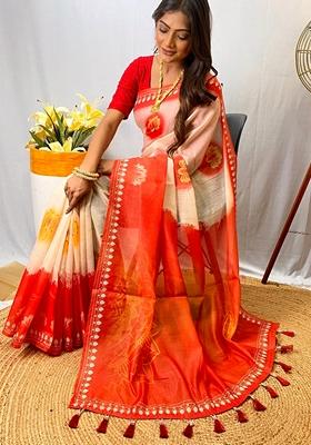 White Digital Print Cotton Saree Set