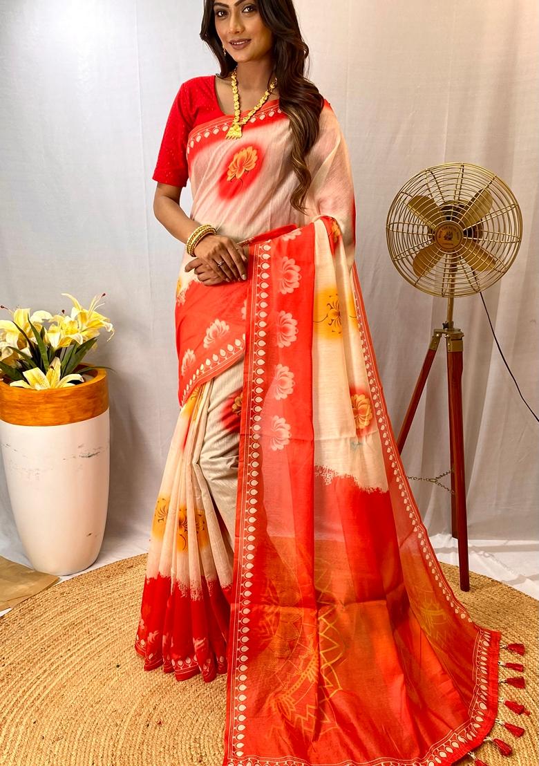White Digital Print Cotton Saree Set