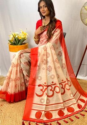 White Digital Print Cotton Saree Set