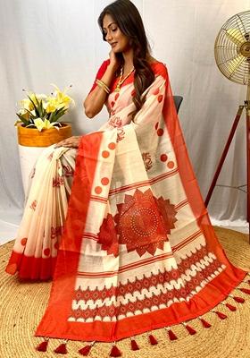 White Digital Print Cotton Saree Set