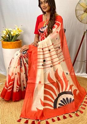 White Digital Print Cotton Saree Set