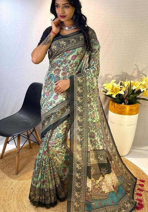 Rama Blue Digital Print Soft Cotton Saree Set